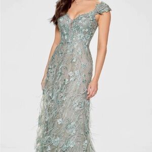Mon Cheri Lace Mother of the Bride Wedding Dress in Soft Aqua